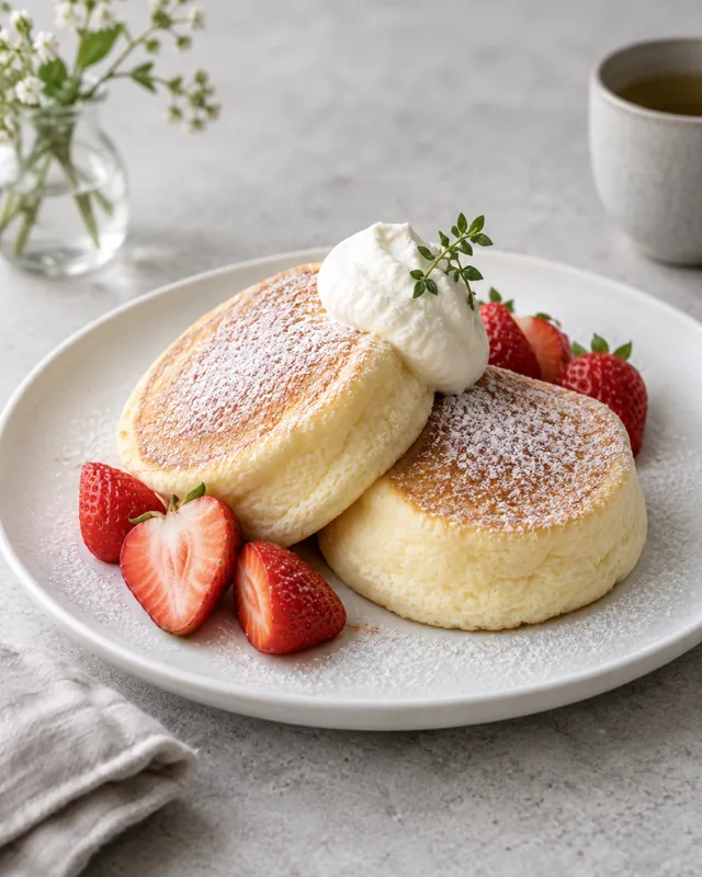 Soufflé pancakes with strawberries, illustrative presentation